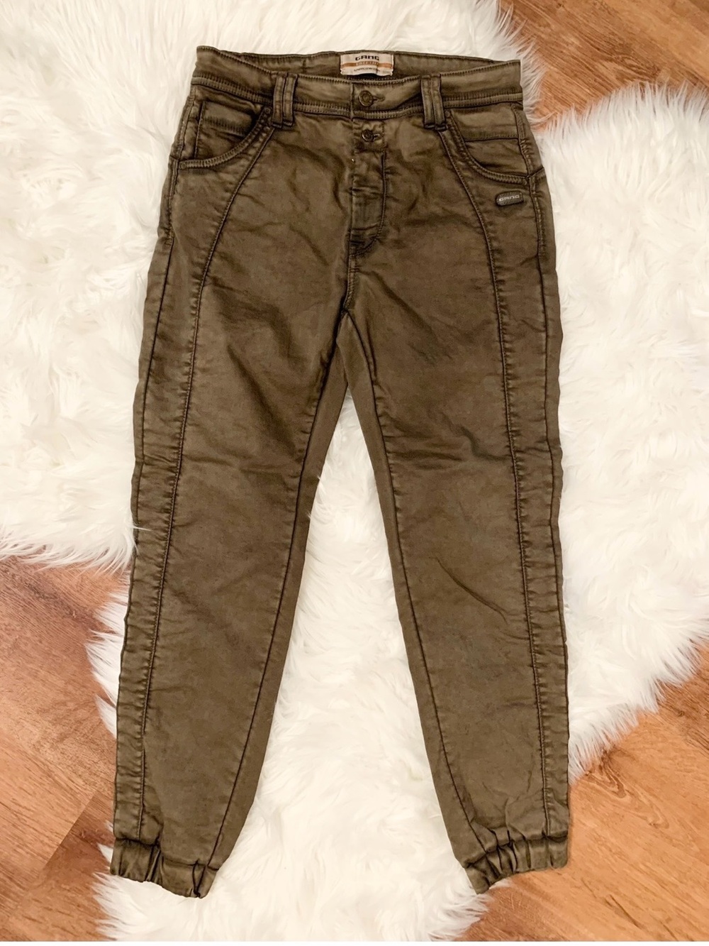 Gang Raffaela Slim Fit Jogger Jeans 28-29” w Olive Green Brown Coated Colorway